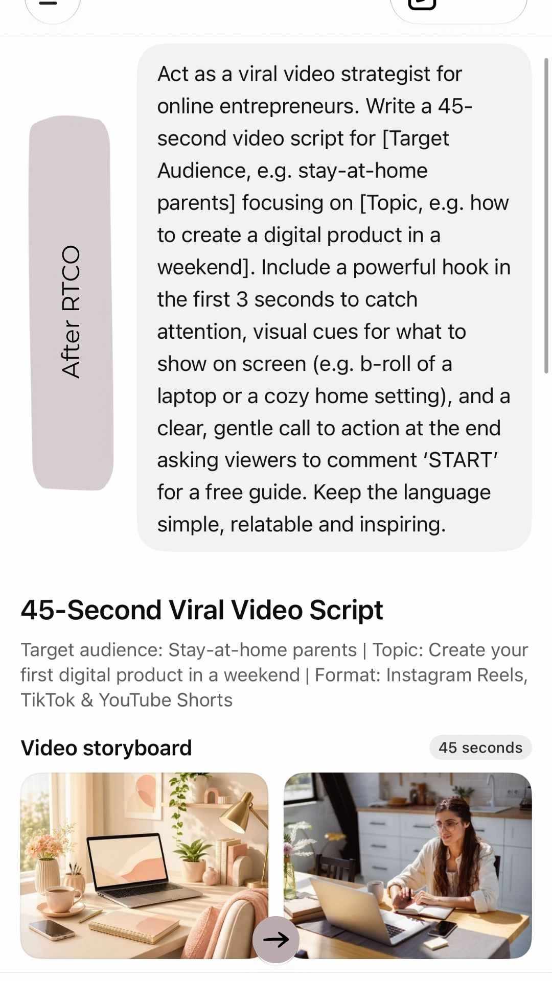 After 1 of 4: a full R.T.C.O. prompt in ChatGPT with a clear role, task, audience and call to action for a 45-second video script