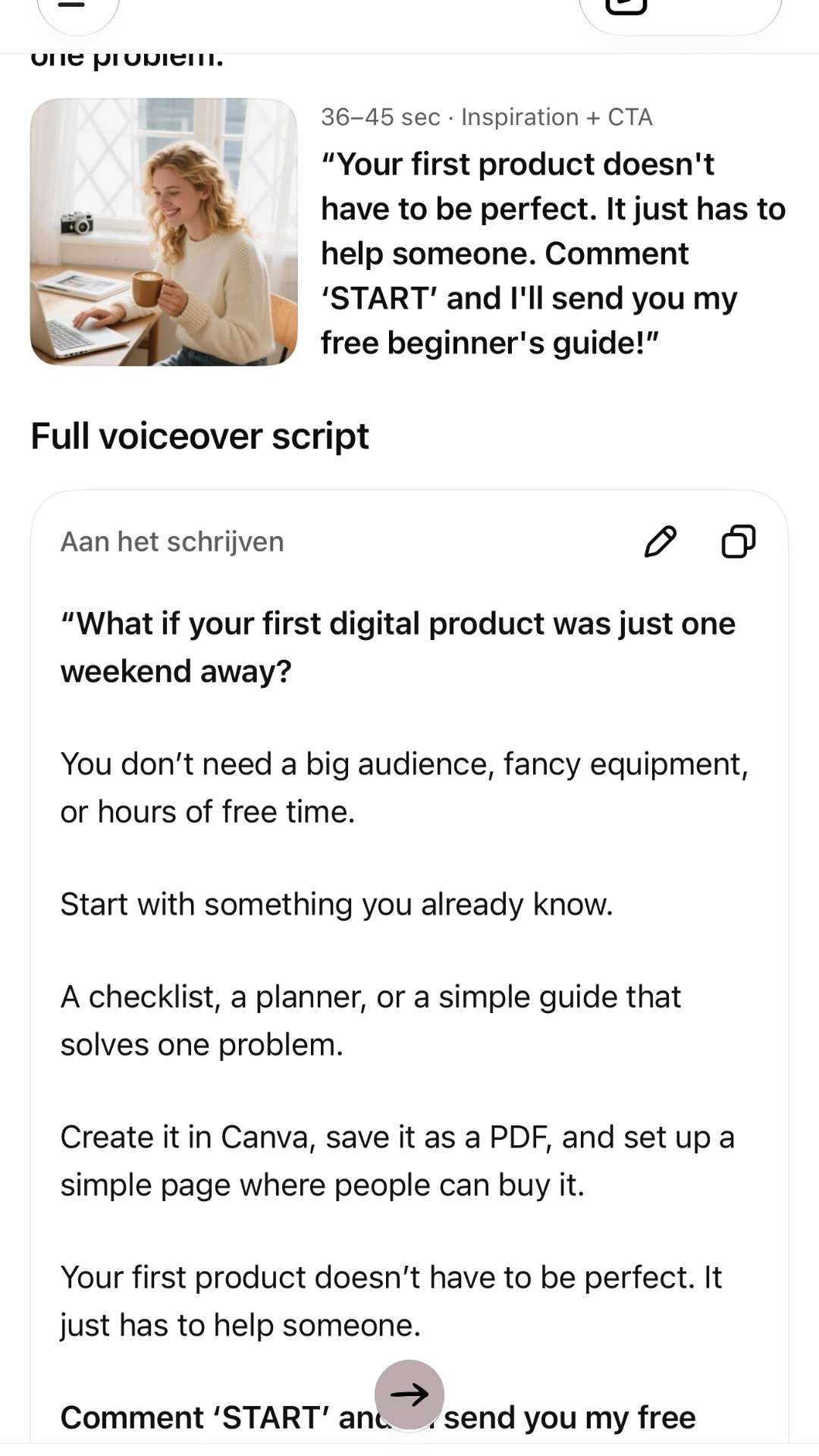 After 3 of 4: the full voiceover script, warm and personal, with a gentle call to action