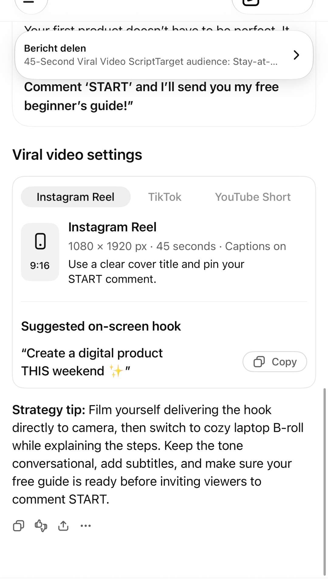 After 4 of 4: ready-to-use Instagram Reel settings with an on-screen hook and a strategy tip